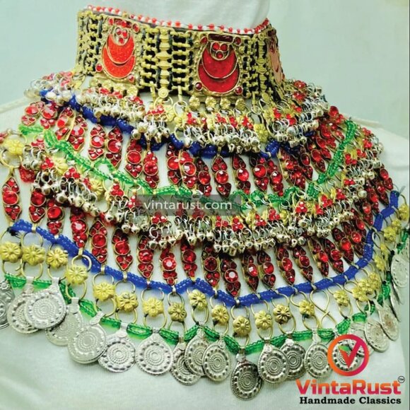 Ethnic Statement Choker Necklace With Red Glass Stones - Picture 6 of 11